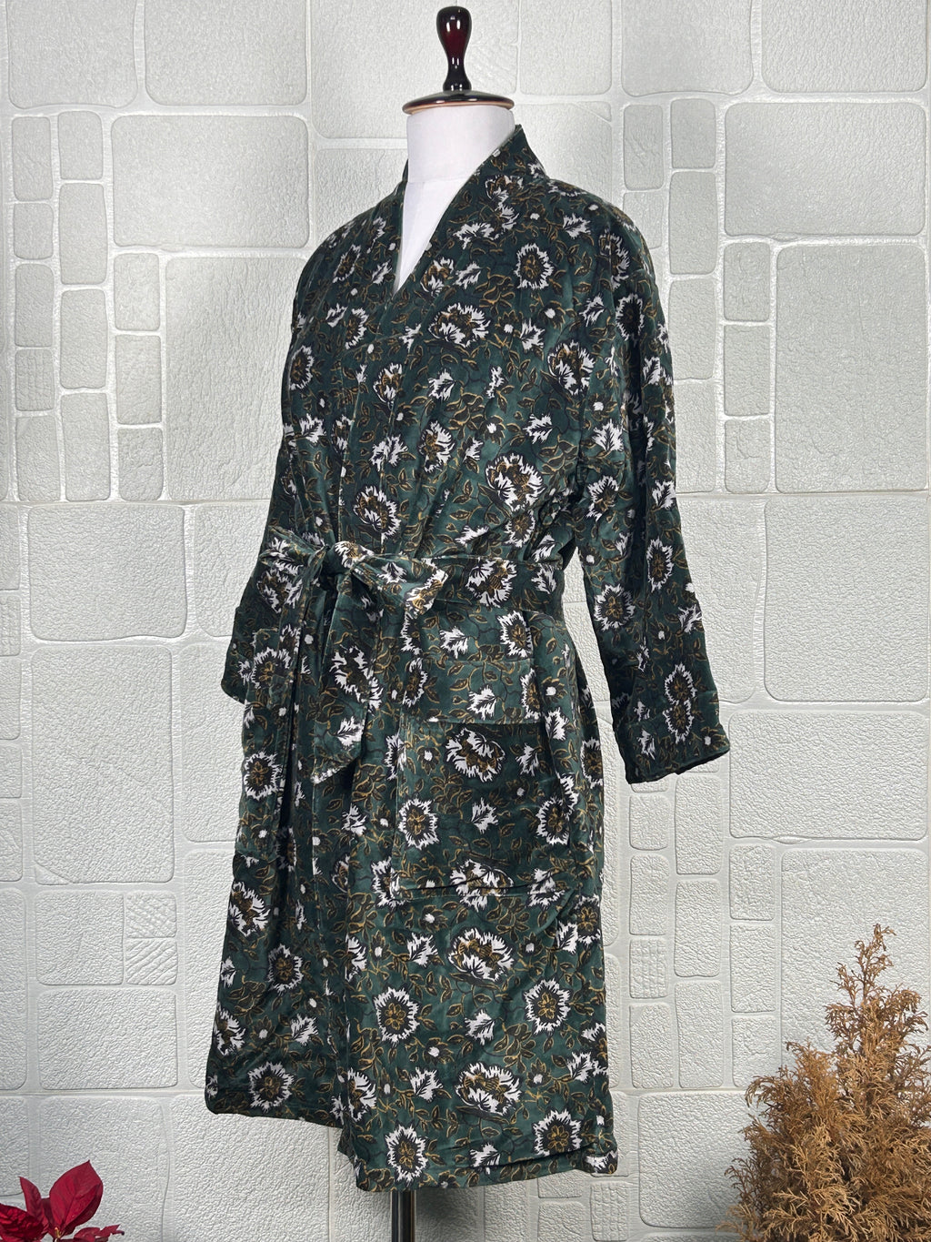 Luxury Velvet Kimono Unisex House Robe | Boho Jacket Autumn Winter Christmas Gift Elegant Reversible Cotton Lined | Quirky Gown Green Floral