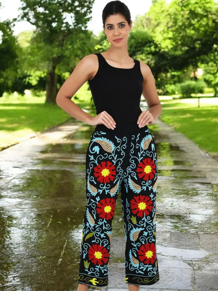 Women's Suzani embroidered Harem Pants in floral with pockets