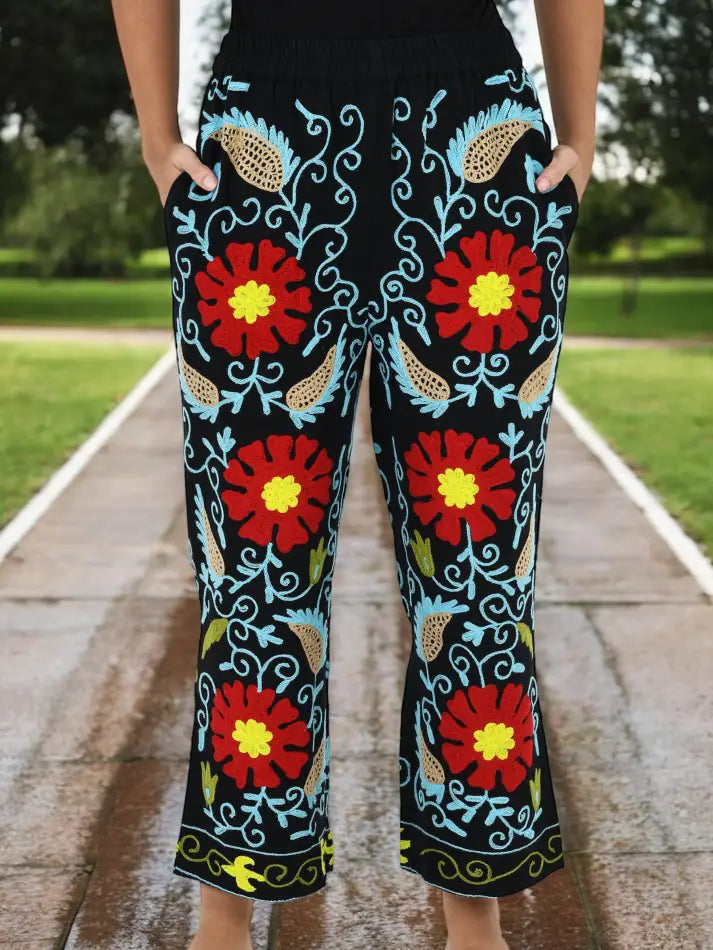 Women's Suzani embroidered Harem Pants in floral with pockets
