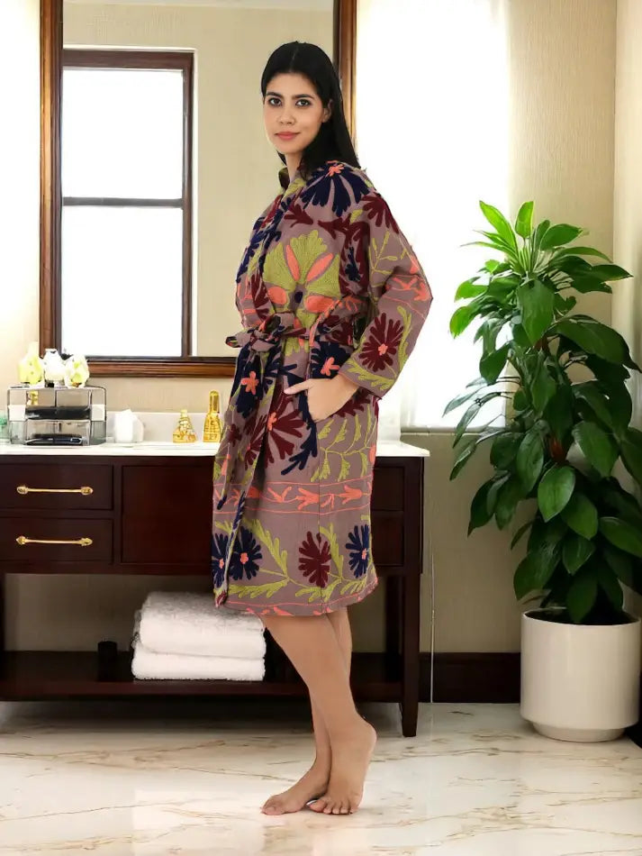 Cotton Women Kimono Suzani Embroidery Jacket Robe, Artisan Hand Embroidered Open Front Duster, Boho Gypsy Resort Wear Sustainable Clothing