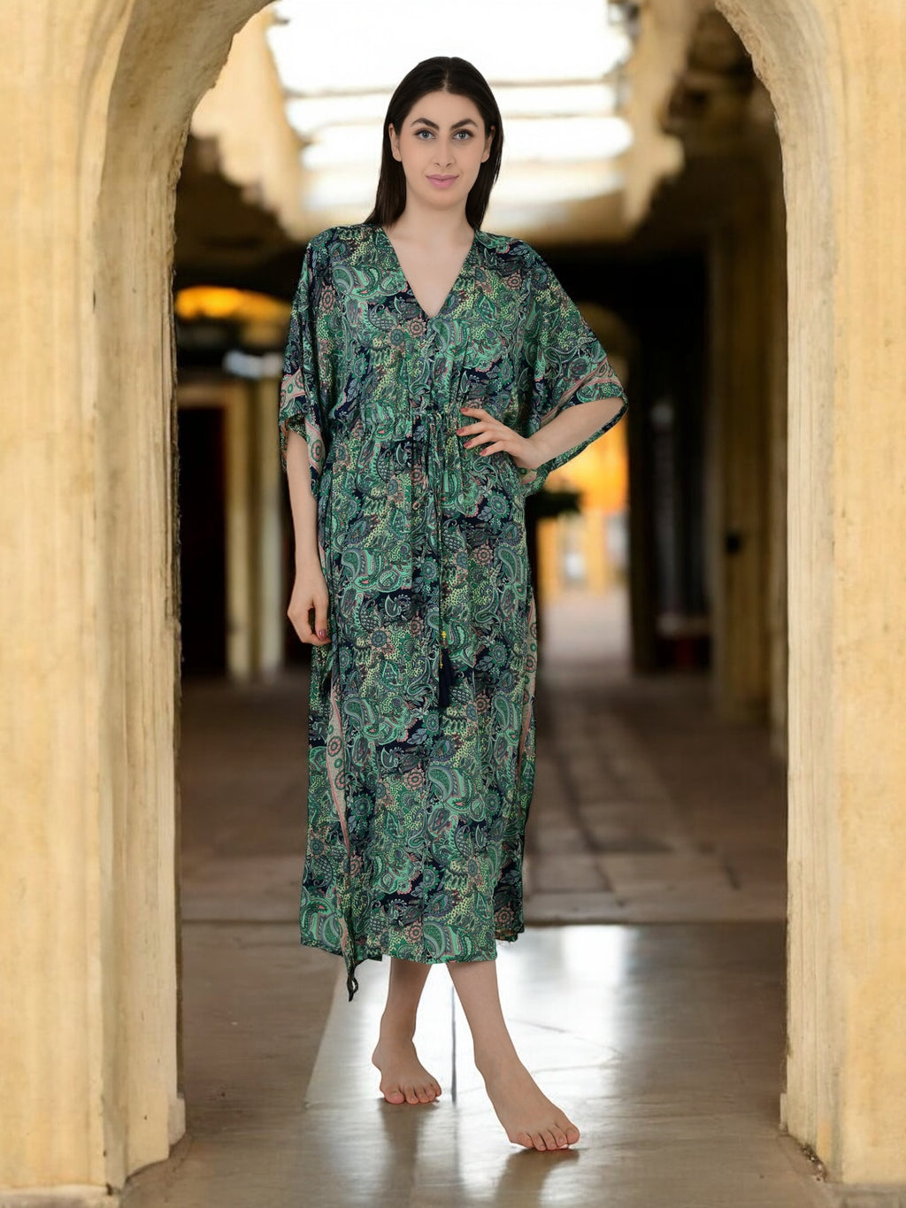 Women Silk Kaftan | Green Paisley Caftan # 1623