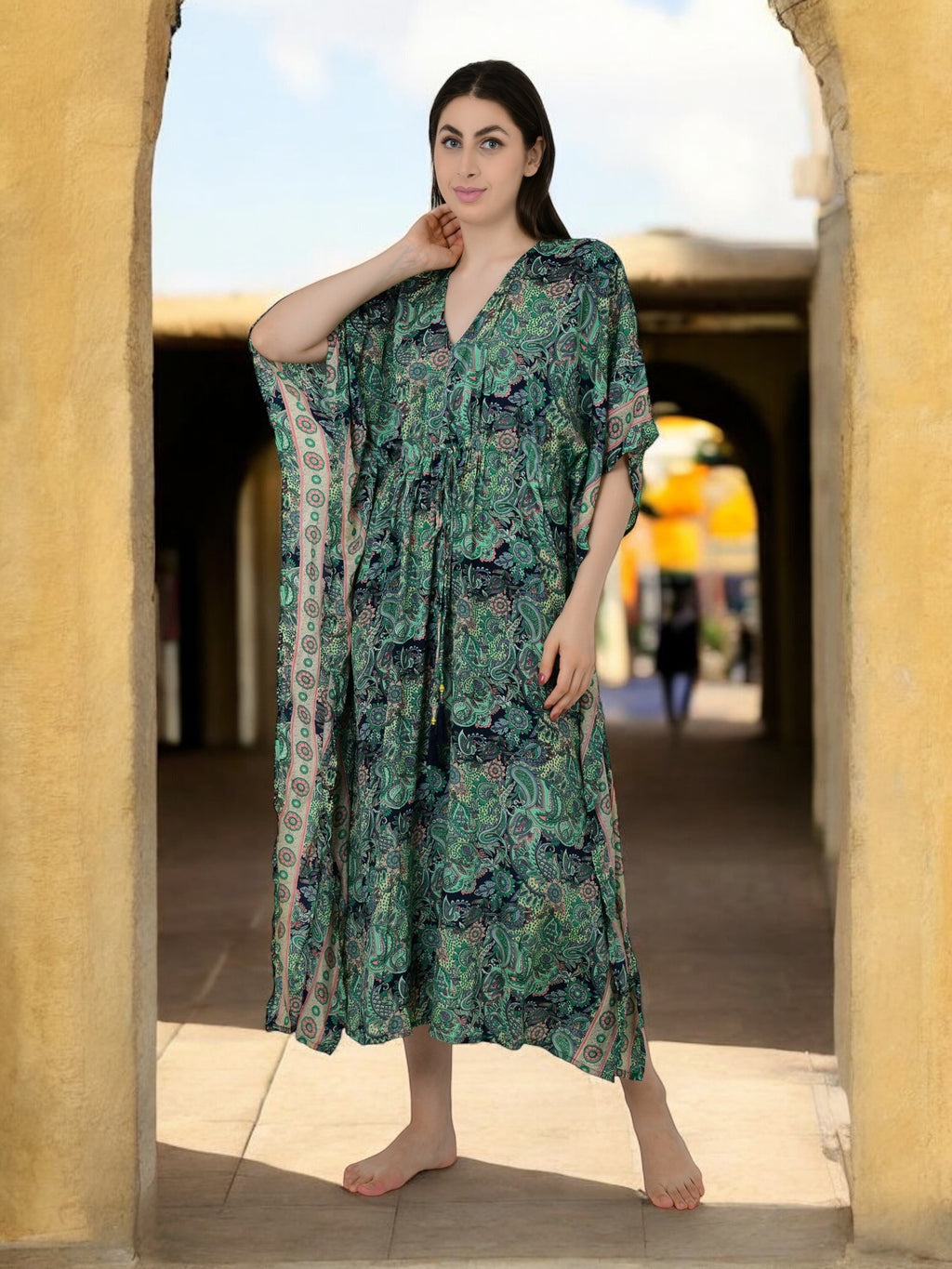Women Silk Kaftan | Green Paisley Caftan # 1623