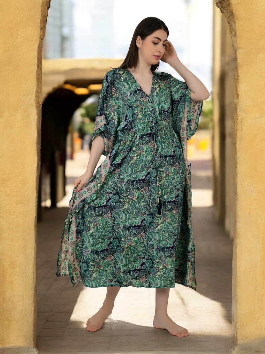 Women Silk Kaftan | Green Paisley Caftan # 1623