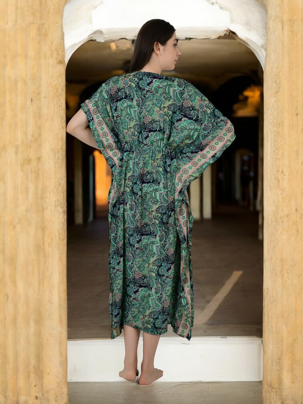 Women Silk Kaftan | Green Paisley Caftan # 1623