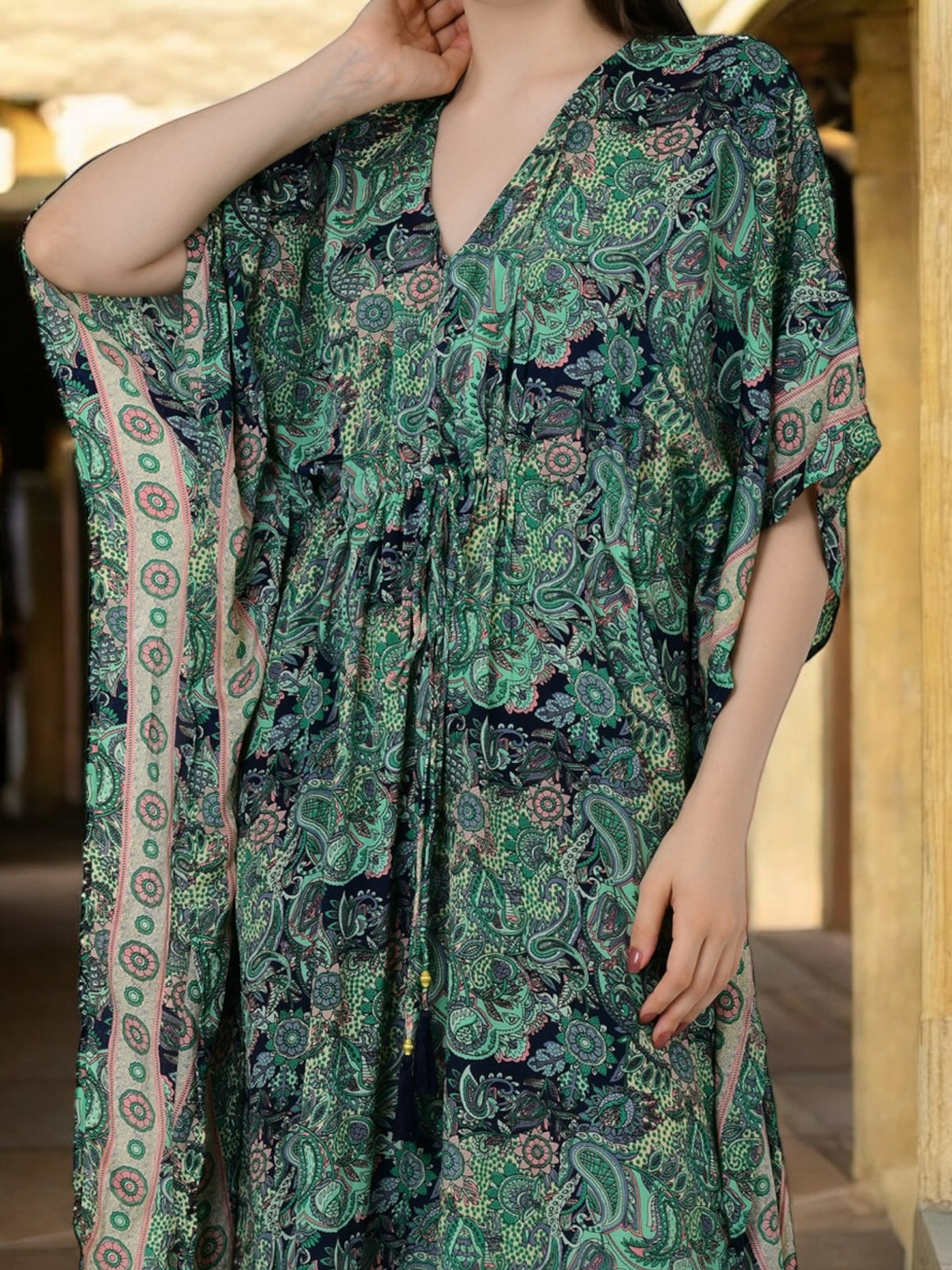 Women Silk Kaftan | Green Paisley Caftan # 1623