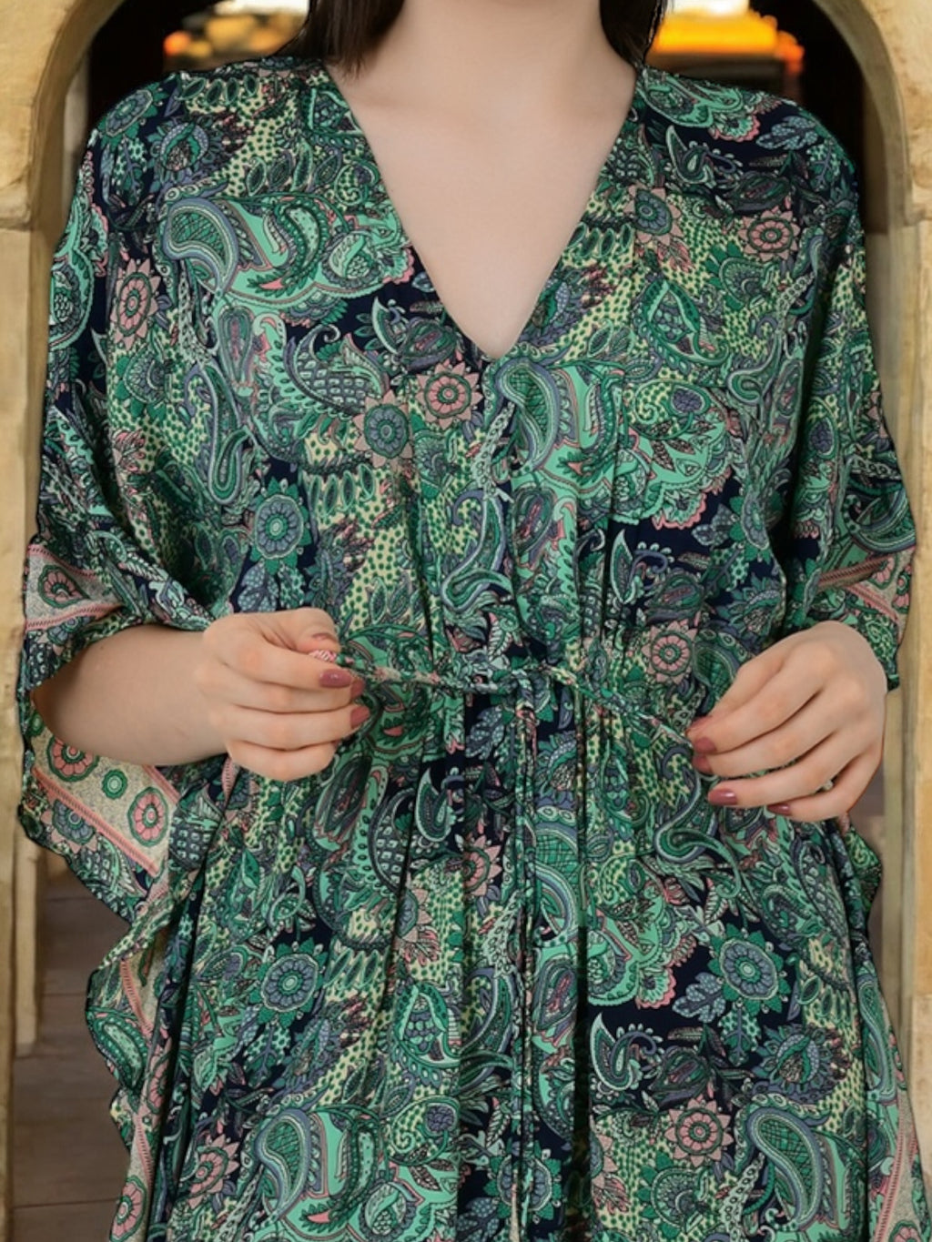 Women Silk Kaftan | Green Paisley Caftan # 1623