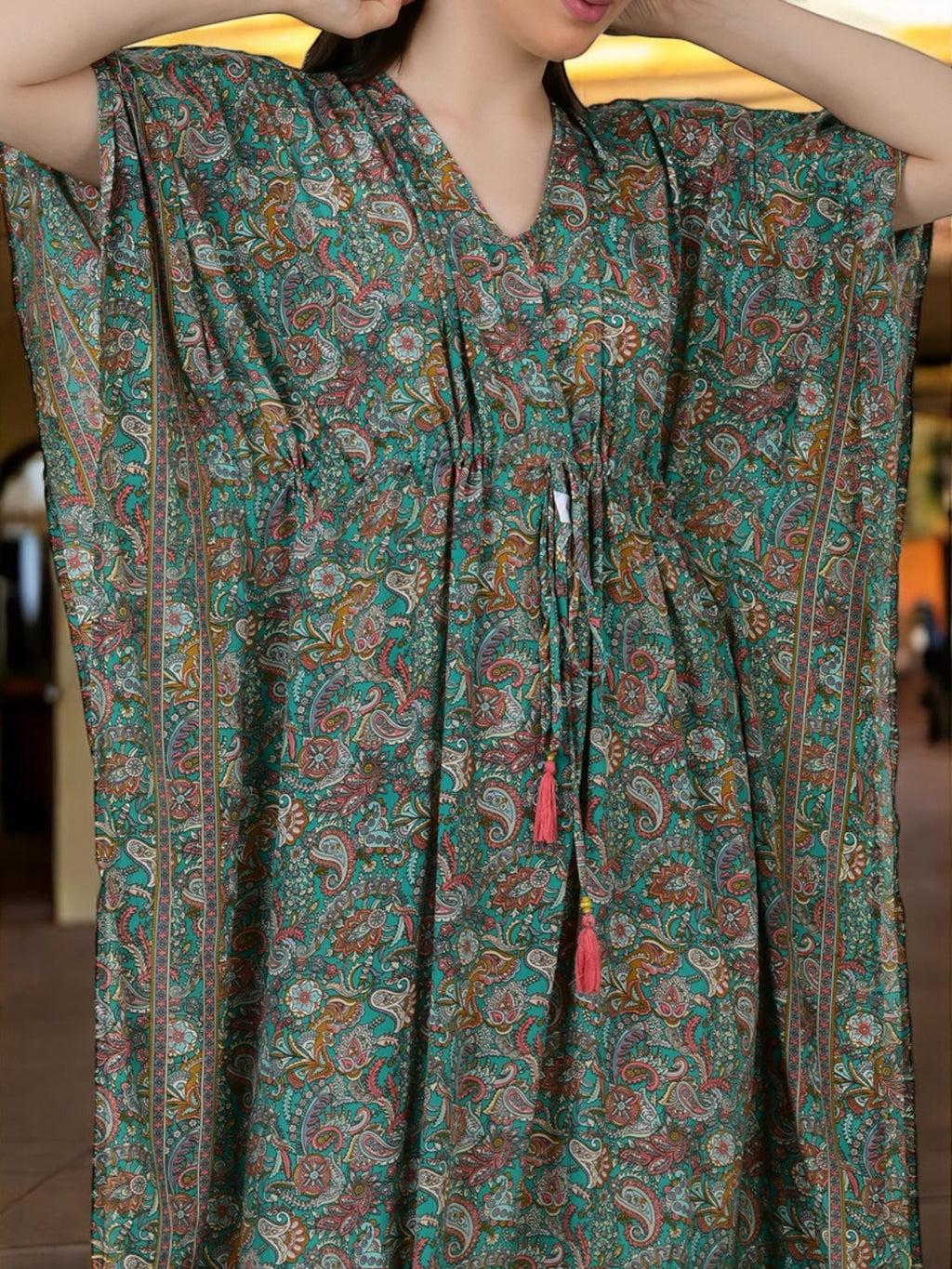 Women Silk Kaftan | Teal Green Paisley Caftan #1624
