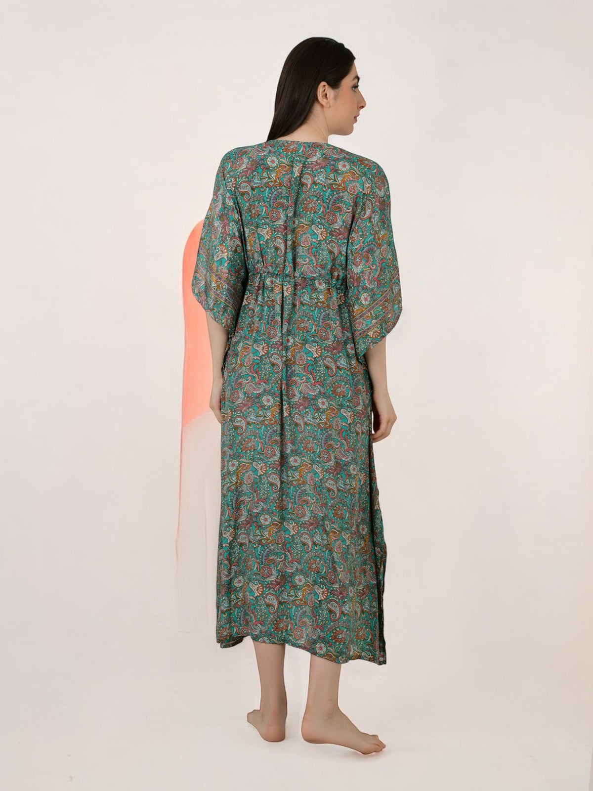 Women Silk Kaftan | Teal Green Paisley Caftan #1624