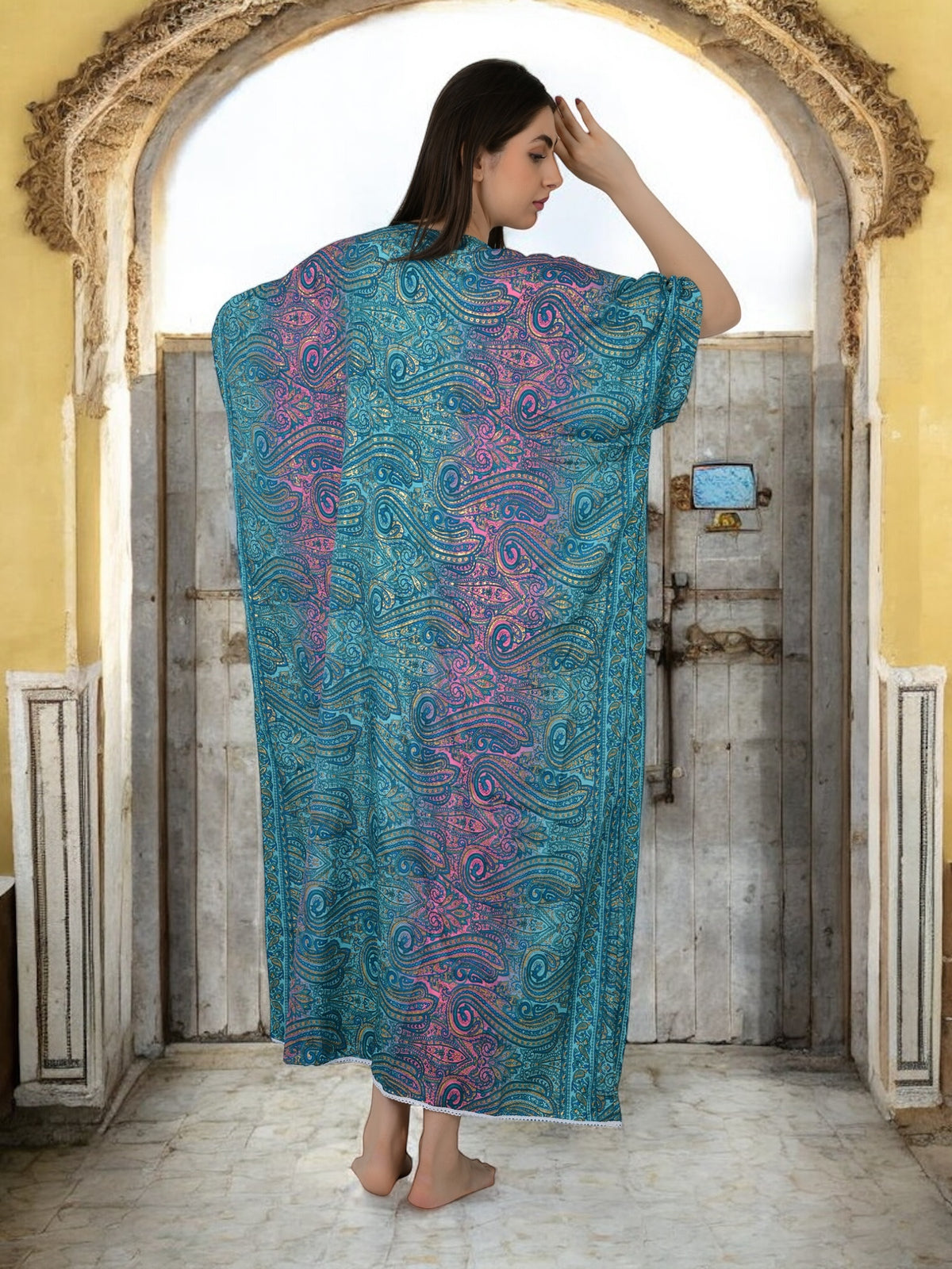 Silk Long Kaftan | Blue Pink Ombre Paisley #1626