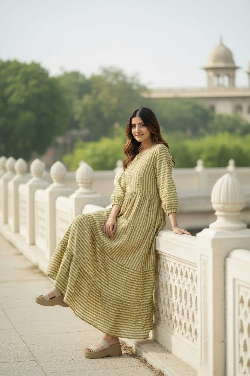 Women's block-printed Cotton Midi Dress in striped with pockets
