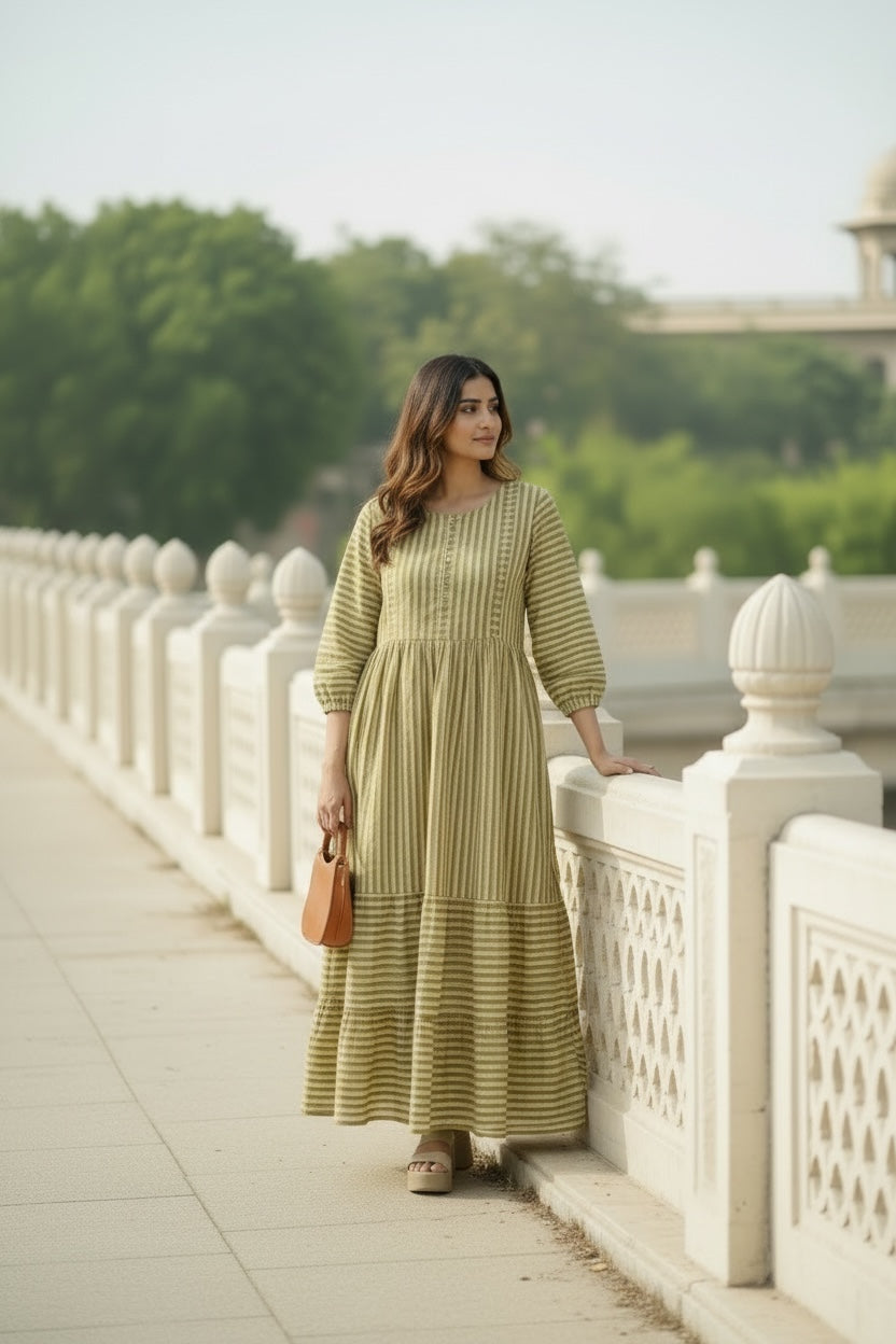 Women's block-printed Cotton Midi Dress in striped with pockets