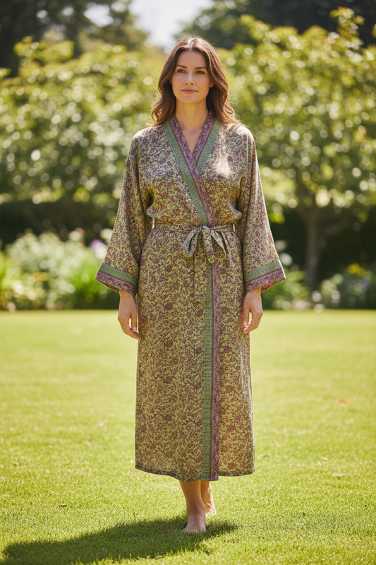 Recycle Silk Sari Women Kimono | Boho Chic Robe House, Beach Cover Up Vintage Bridesmaid Lounge Dressing Gown l Resort Wear Gypsy Nightwear