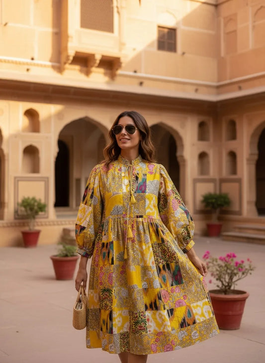 Boho Maxi Dress With Sleeves | Handmade Patchwork Long Flowy Beach Dress, One-of-a-kind Elegant Retro Outfit, Modest Gown with Pockets