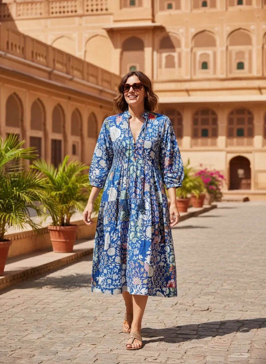 Women's Cotton Patchwork Dress in blue