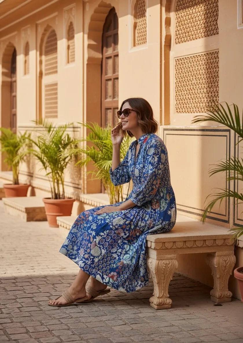 Women's Cotton Patchwork Dress in blue