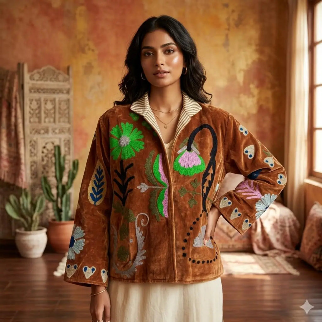Women's Suzani embroidered Velvet Jacket in brown floral