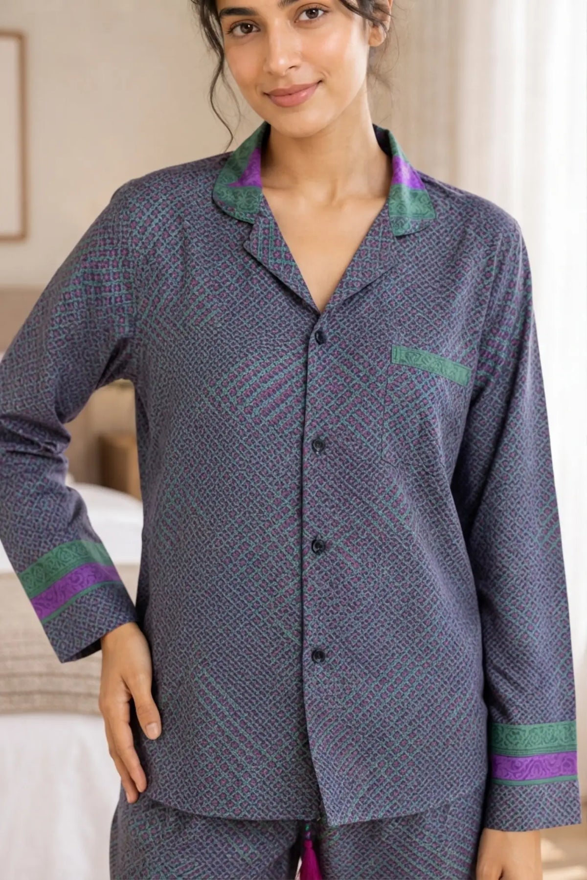 Recycled Sari Silk Blend Nightsuit, Short Sleeve Pajama Set with Side Pockets, Handmade Boho Sleepwear, Relaxed Fit, Gift for Her