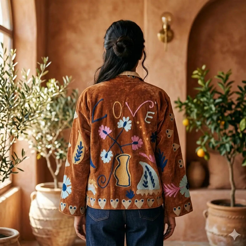 Women's Suzani embroidered Velvet Jacket in brown floral