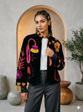 Women's Suzani embroidered Velvet Jacket in black floral