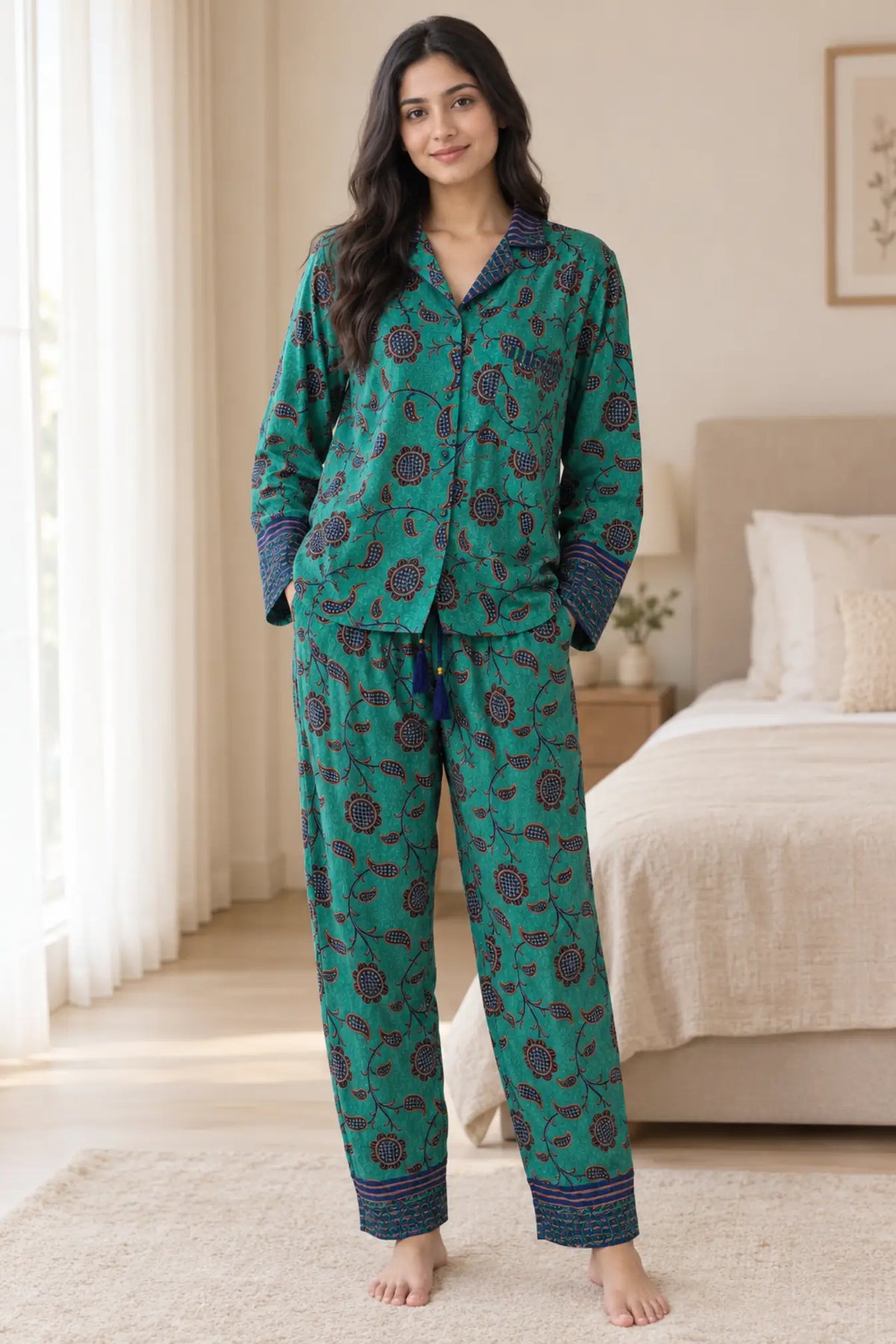 Recycled Silk Sari Pajama Set, Handmade Silk Blend Sleepwear with Pockets, Button Down Top, Drawstring Pants, Boho Gift for Her