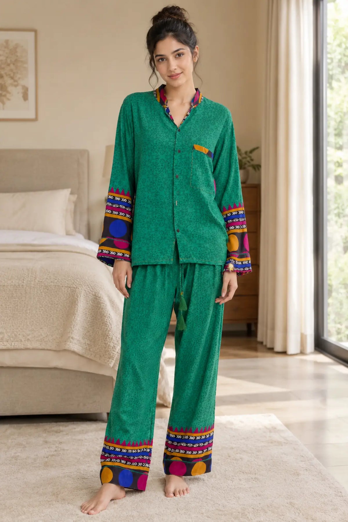 Recycled Silk Sari Pajama Set, Handmade Silk Blend Sleepwear with Pockets, Button Down Top, Drawstring Pants, Boho Gift for Her