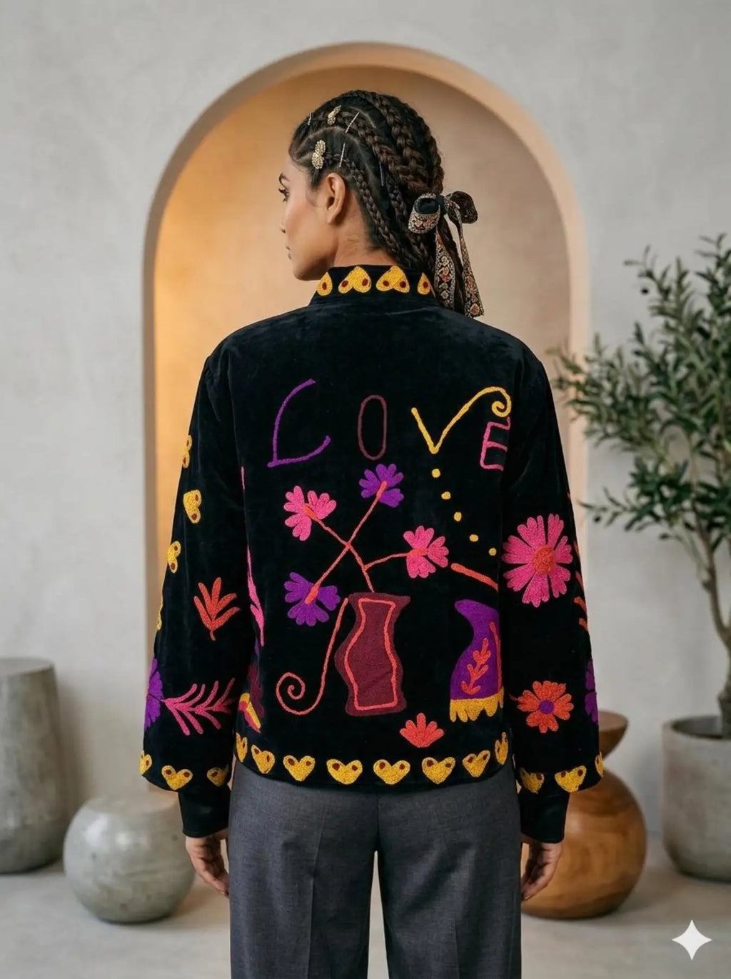 Women's Suzani embroidered Velvet Jacket in black floral