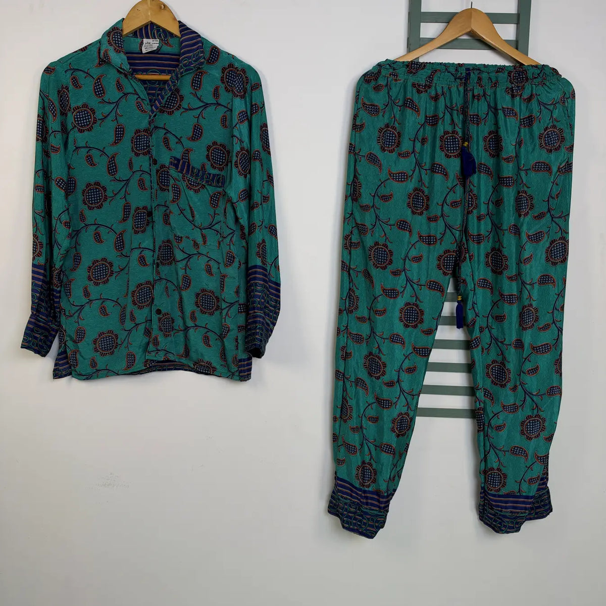 Recycled Silk Sari Pajama Set, Handmade Silk Blend Sleepwear with Pockets, Button Down Top, Drawstring Pants, Boho Gift for Her