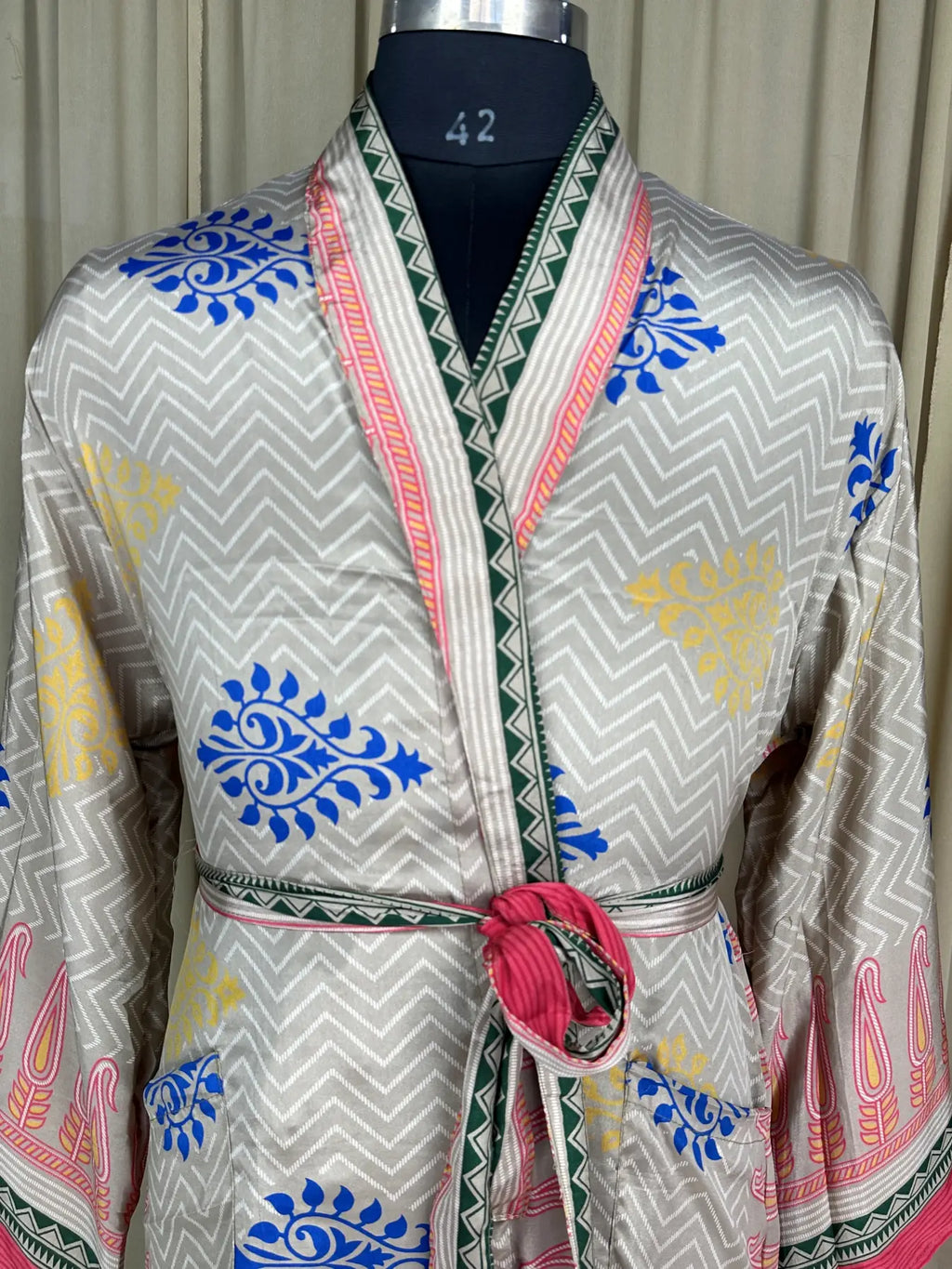 Men's Silky Kimono Robe in beige floral