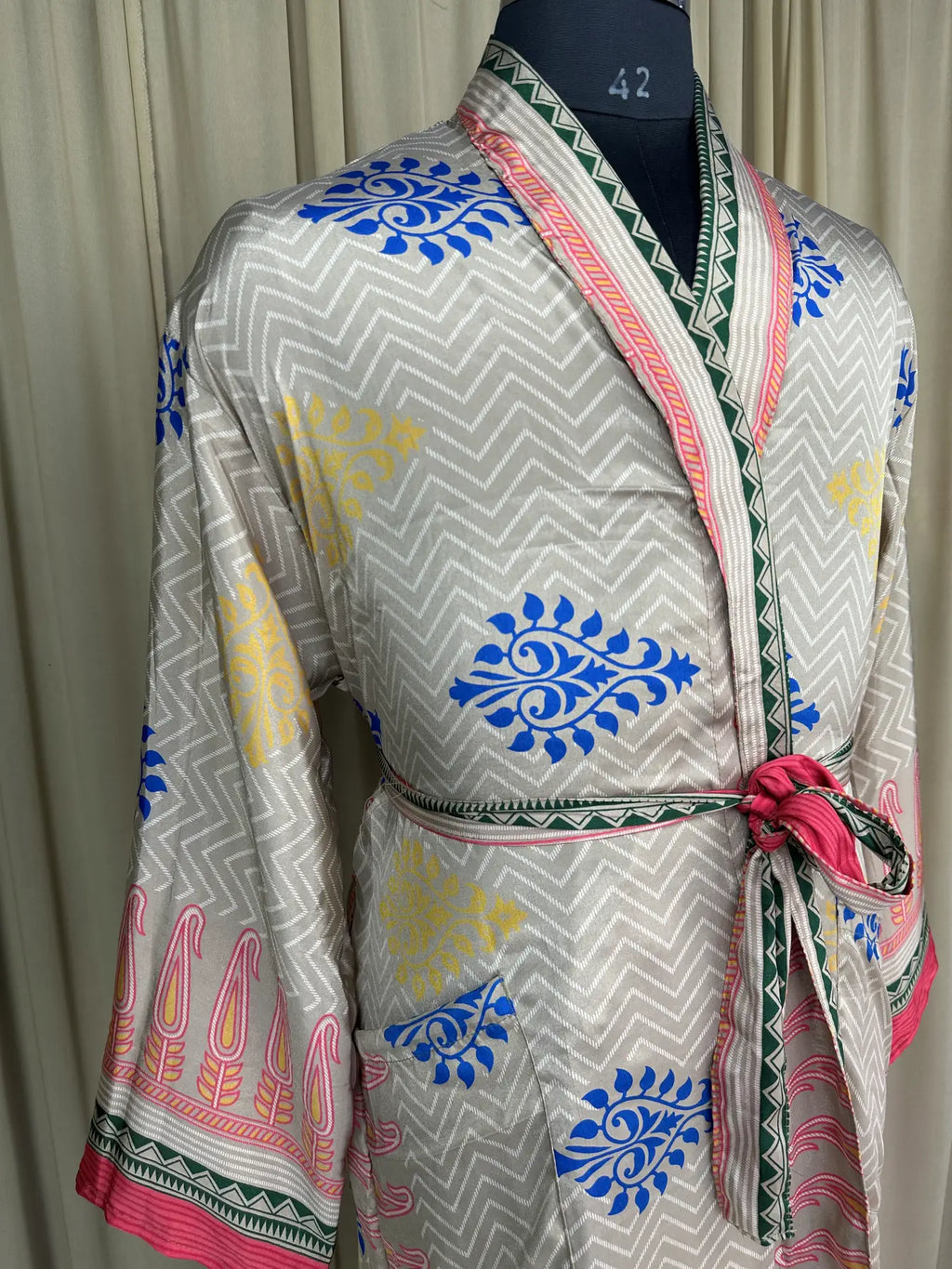 Men's Silky Kimono Robe in beige floral