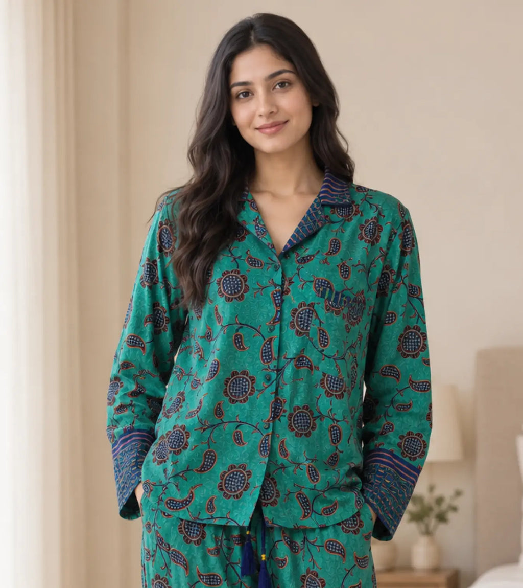 Recycled Silk Sari Pajama Set, Handmade Silk Blend Sleepwear with Pockets, Button Down Top, Drawstring Pants, Boho Gift for Her