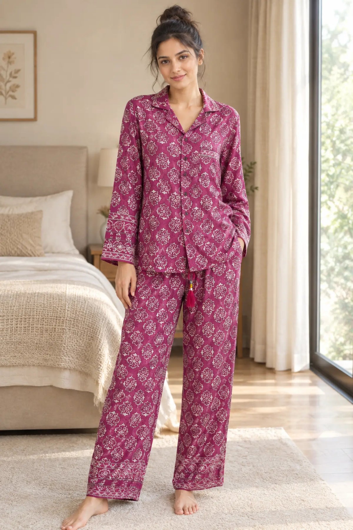 Boho Silk Sari Pajama Set, Colorful Handmade Loungewear for Women with Pockets, Short Sleeve Button Down Top, Drawstring Pants, Gift