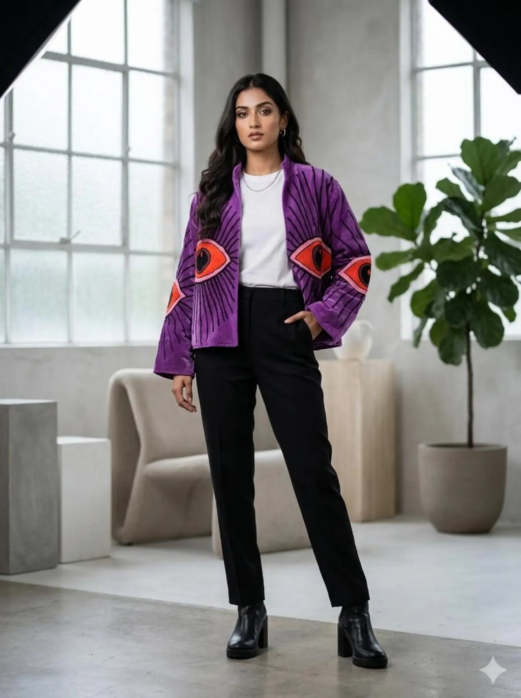 Women's Suzani embroidered Velvet Jacket in purple geometric