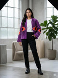 Women's Suzani embroidered Velvet Jacket in purple geometric