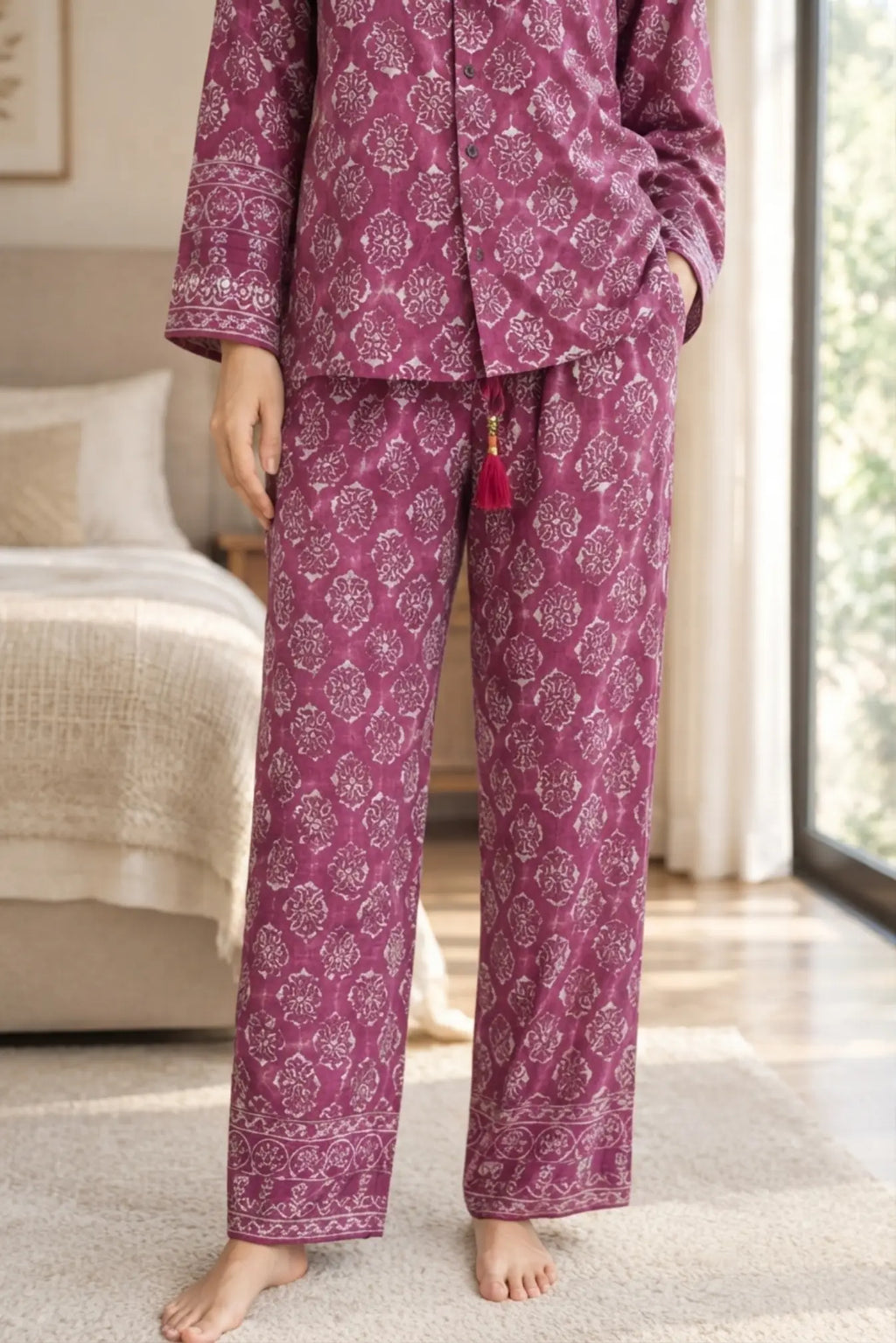 Boho Silk Sari Pajama Set, Colorful Handmade Loungewear for Women with Pockets, Short Sleeve Button Down Top, Drawstring Pants, Gift