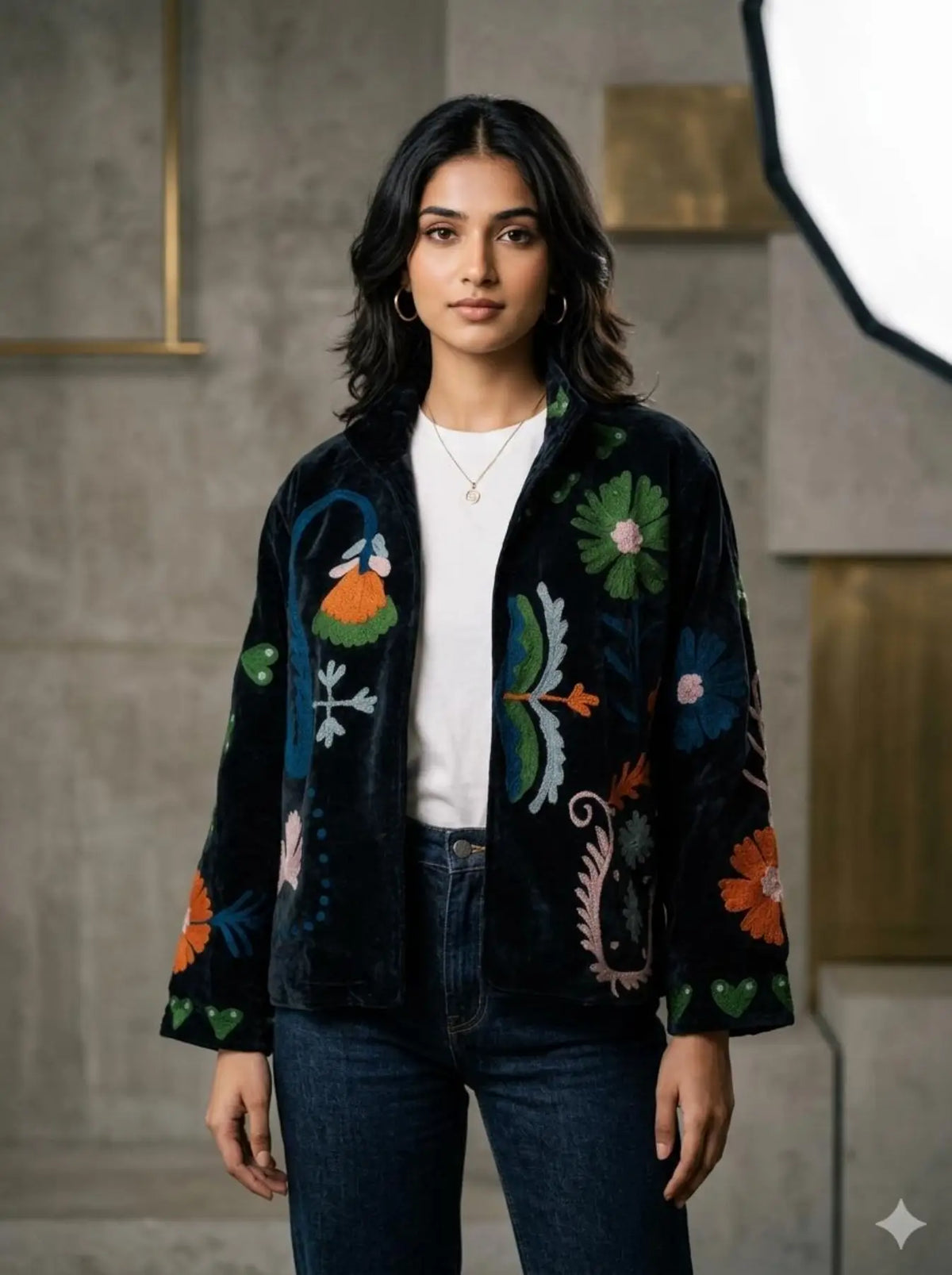 Boho Hand Embroidered Velvet Suzani Jacket, Black Floral Open Front Coat Winter Wear Free Size Robe Retro Chic Free Size Robe Blazer for Her