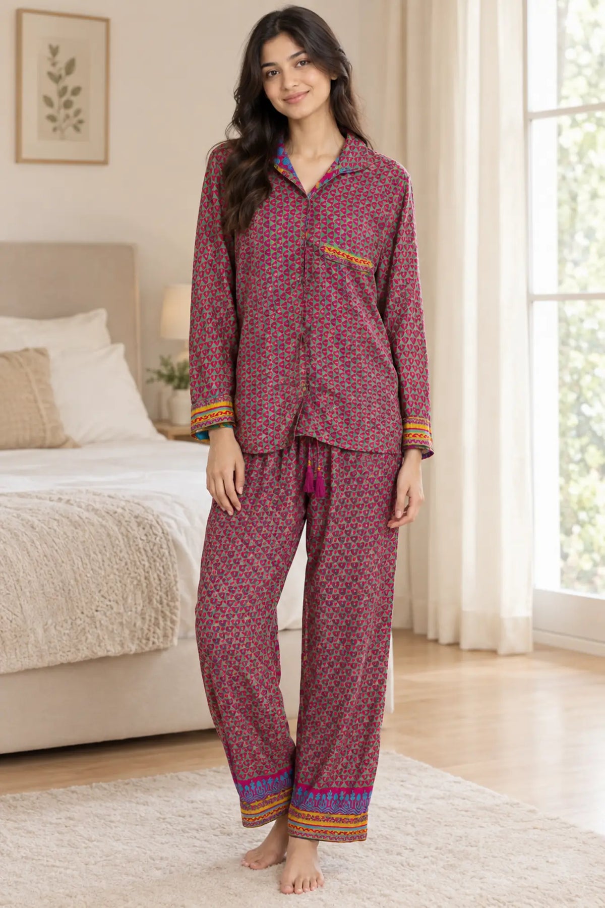 Silky Nightwear Pajama Set, Recycled Sari Silk Blend Luxury Lounge Set, Button Down Top, Drawstring Pants with Side Pockets, Gift