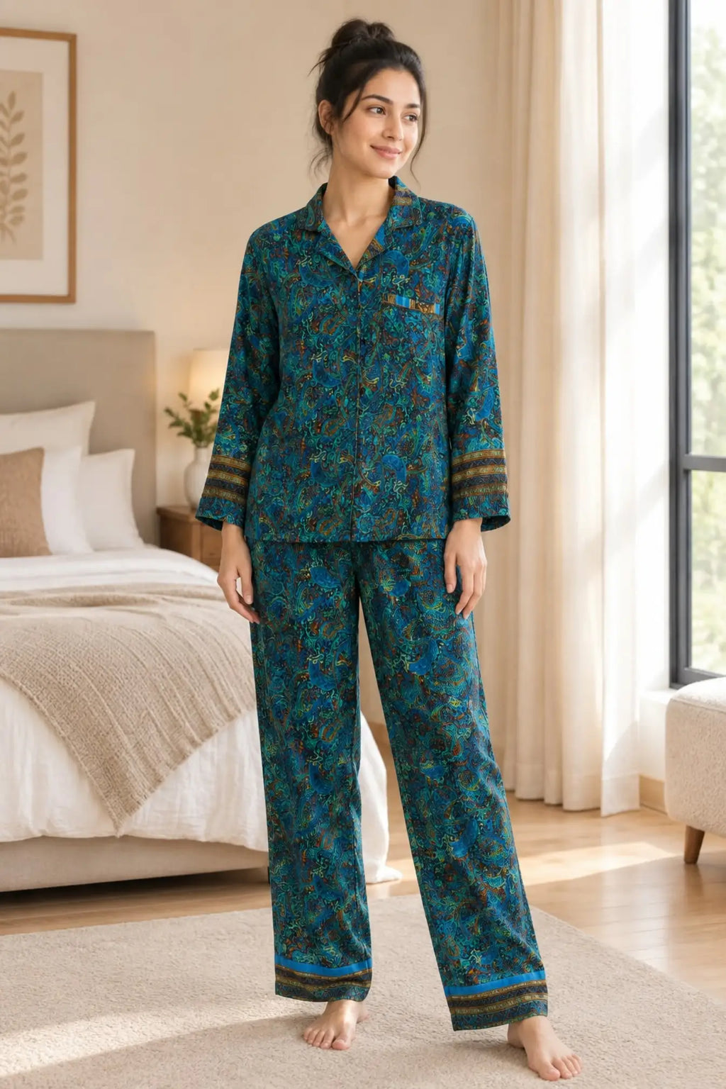 Silky Nightwear Pajama Set, Recycled Sari Silk Blend Luxury Lounge Set, Button Down Top, Drawstring Pants with Side Pockets, Gift