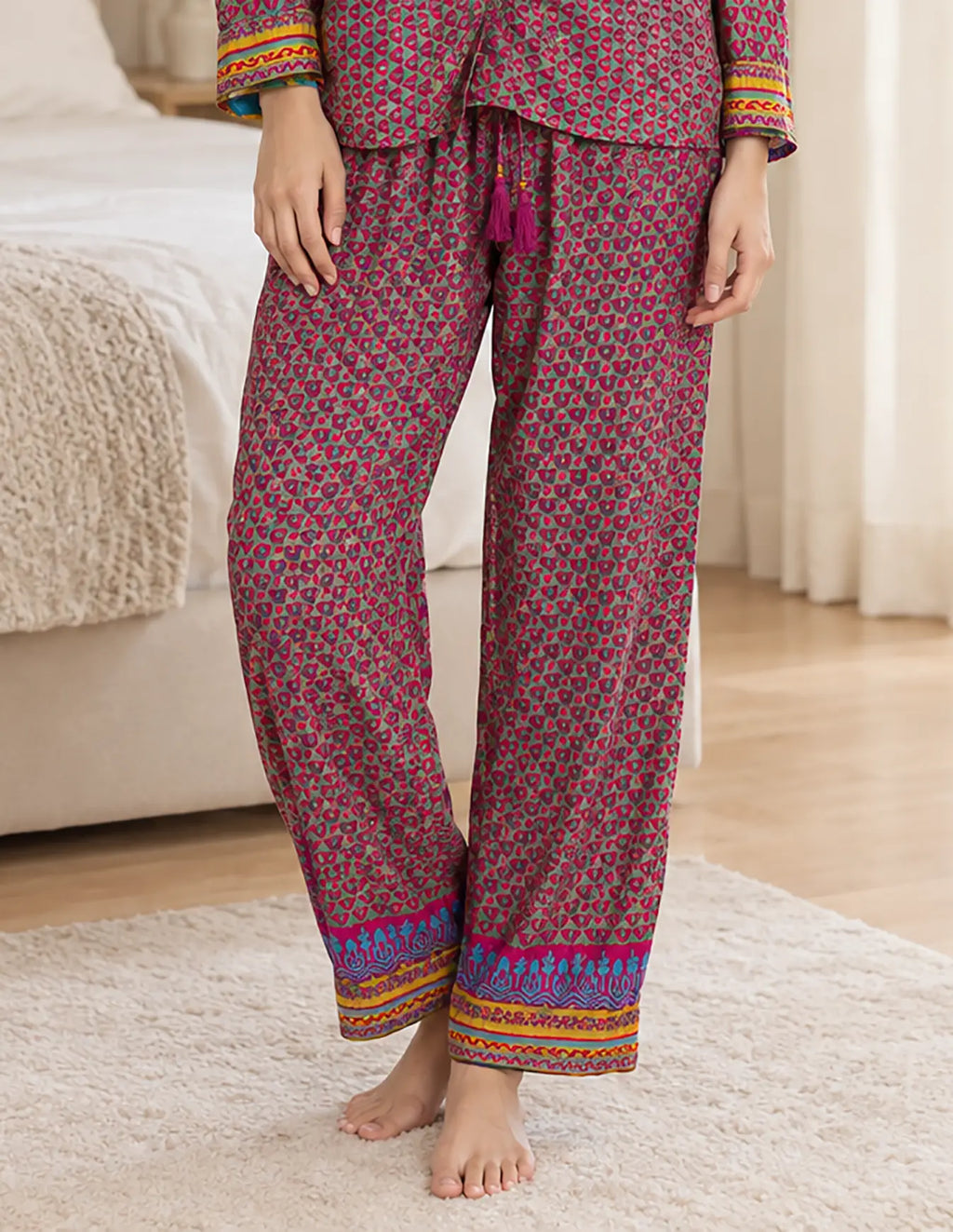 Silky Nightwear Pajama Set, Recycled Sari Silk Blend Luxury Lounge Set, Button Down Top, Drawstring Pants with Side Pockets, Gift