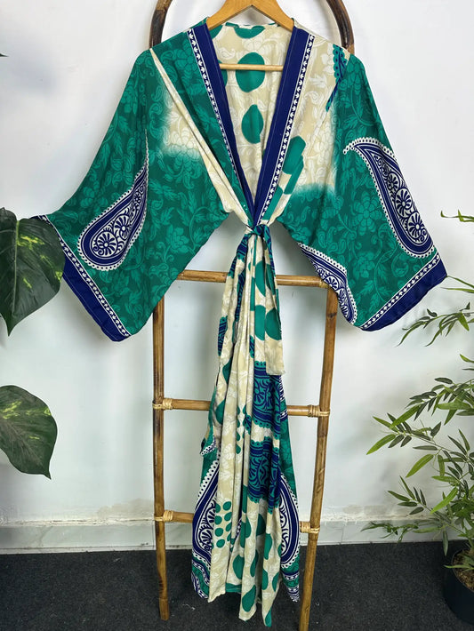 Upcycle Boho Silk Long Women kimono, Boho Chic Robe House Beach Cover Up Vintage Bridesmaid Lounge Dressing Gown Resort Wear Gypsy Nightwear