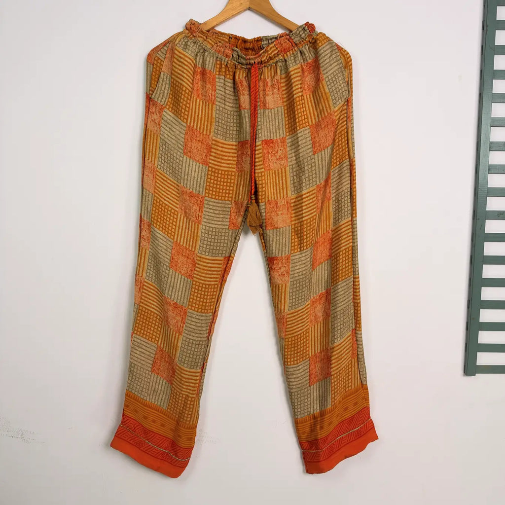 Handmade Recycled Sari Pajama Set, Boho Women's Clothing, Silk Blend Loungewear, Button Down Top, Drawstring Pants, Gift for Her