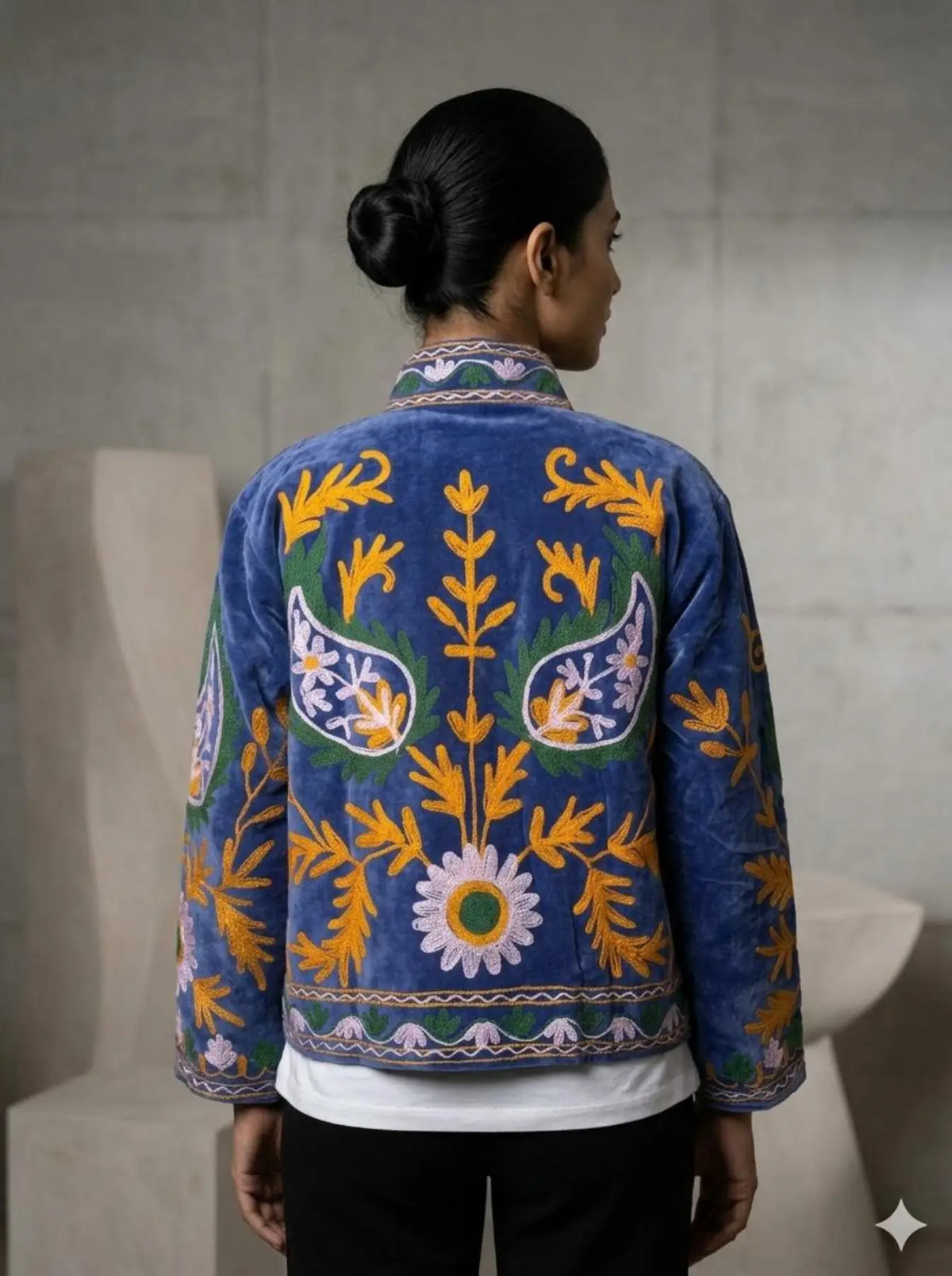Boho Hand Embroidered Velvet Suzani Jacket, Blue Floral Open Front Coat Winter Wear Free Size Robe Retro Chic Free Size Robe Blazer for Her