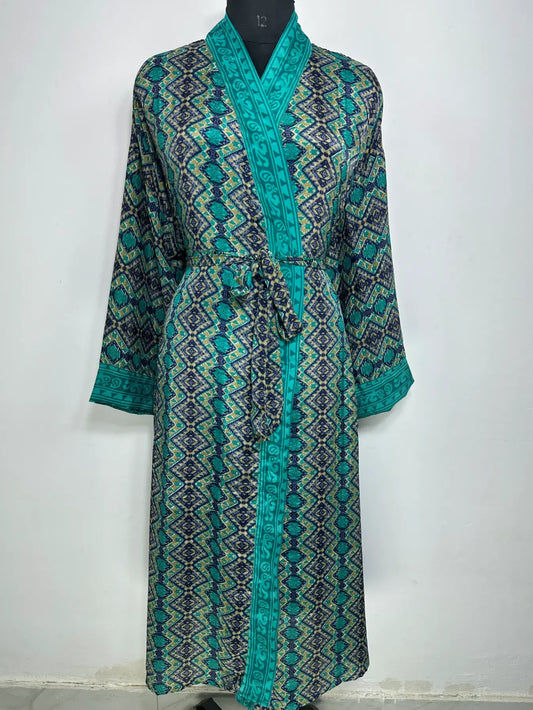 Recycle Silk Sari Women Kimono | Boho Chic Robe House | Beach Cover Up Vintage Bridesmaid Lounge Dressing Gown l Resort Wear Gypsy Nightwear