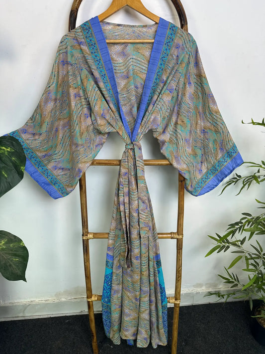Upcycle Boho Silk Long Women kimono, Boho Chic Robe House Beach Cover Up Vintage Bridesmaid Lounge Dressing Gown Resort Wear Gypsy Nightwear