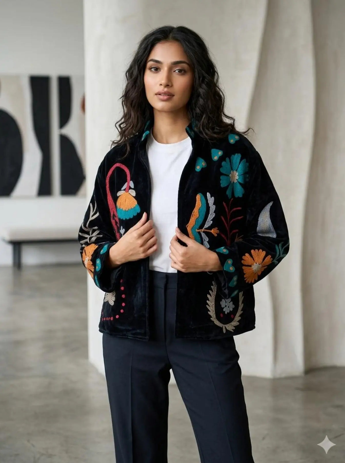 Boho Hand Embroidered Velvet Suzani Jacket, Black Floral Open Front Coat Winter Wear Free Size Robe Retro Chic Free Size Robe Blazer for Her