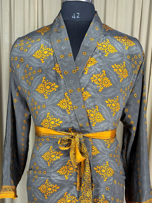 Silky Soft Men’s Kimono Robe | Masculine Elegant Classic Sustainable Vintage House Robe gift, Timeless Comfy Lounge Beach Wear Gray Floral