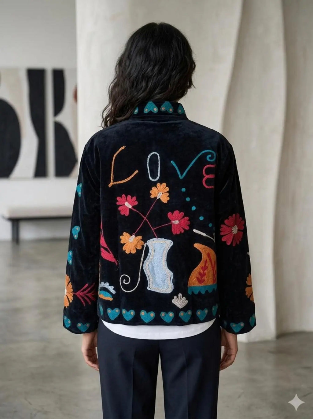 Boho Hand Embroidered Velvet Suzani Jacket, Black Floral Open Front Coat Winter Wear Free Size Robe Retro Chic Free Size Robe Blazer for Her