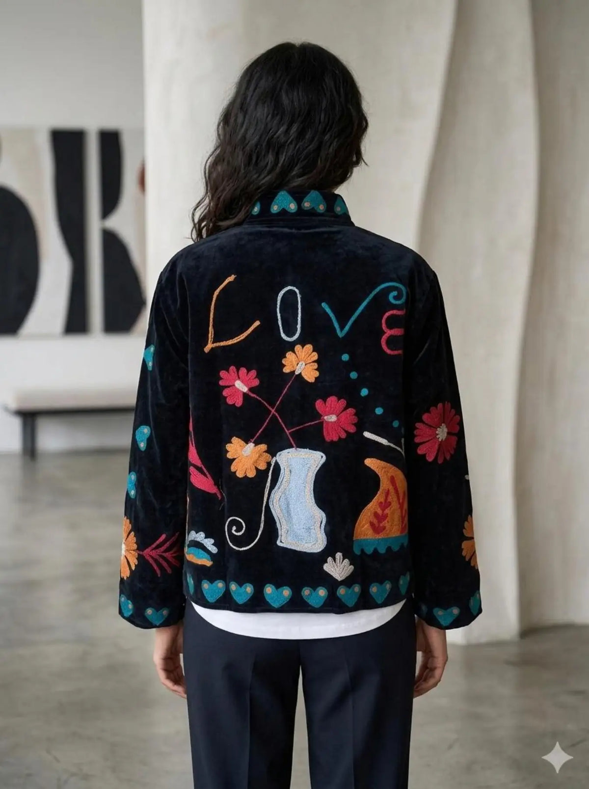 Boho Hand Embroidered Velvet Suzani Jacket, Black Floral Open Front Coat Winter Wear Free Size Robe Retro Chic Free Size Robe Blazer for Her