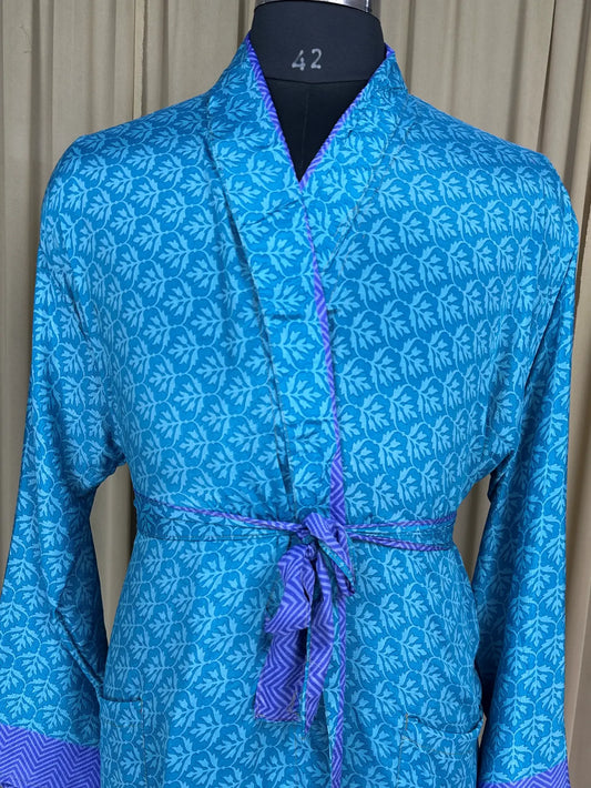 Silky Soft Men’s Kimono Robe | Masculine Elegant Classic Sustainable Vintage House Robe gift, Timeless Comfy Lounge Beach Wear Blue Floral