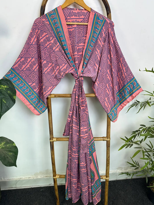 Upcycle Boho Silk Long Women kimono, Boho Chic Robe House Beach Cover Up Vintage Bridesmaid Lounge Dressing Gown Resort Wear Gypsy Nightwear