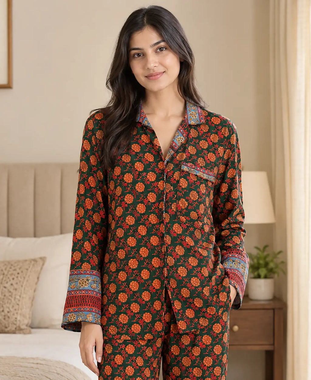 Women's Silk Blend Pajama Set, Recycled Sari Loungewear, Handmade Relaxation Gift, Birthday Gift for Her, Short Sleeve Top, Side Pockets